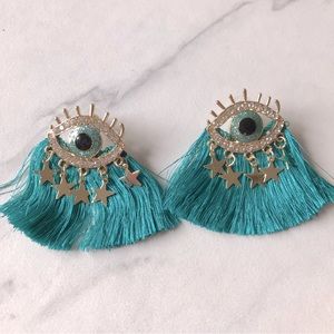 Teal Third Eye Tassel Earrings